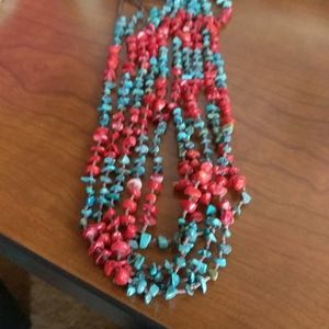 5 Strand Heishi, Turquoise & Coral Necklace